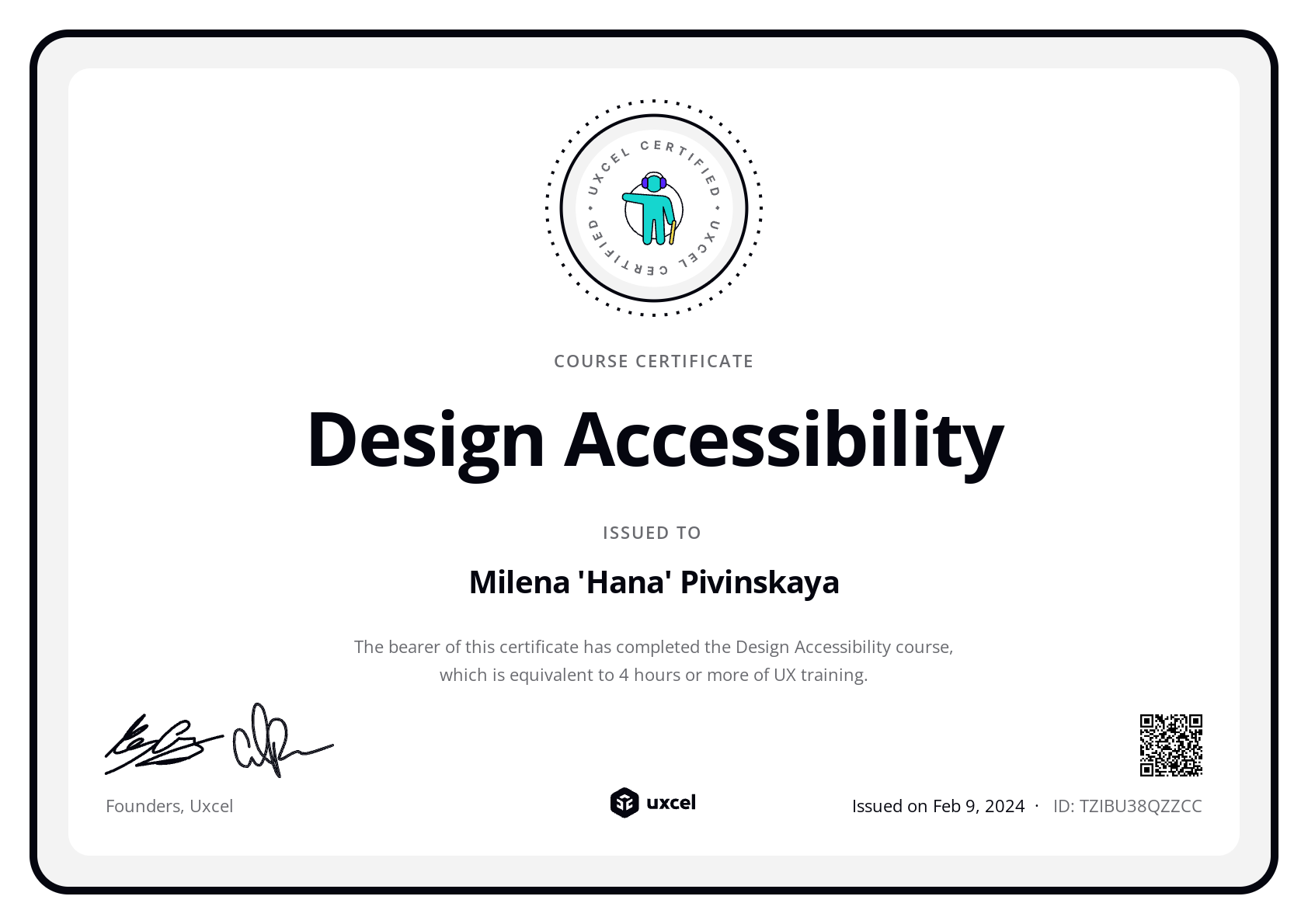 Milena 'Hana' Pivinskaya's certificate
